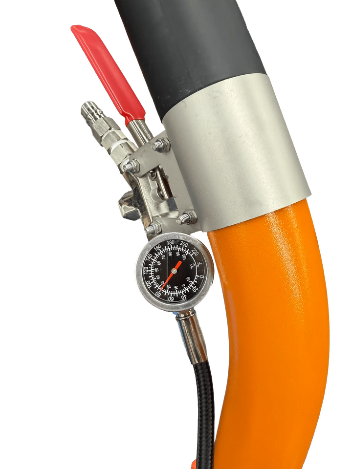 Orange GenX6 swivel wand valve and pressure gauge close-up