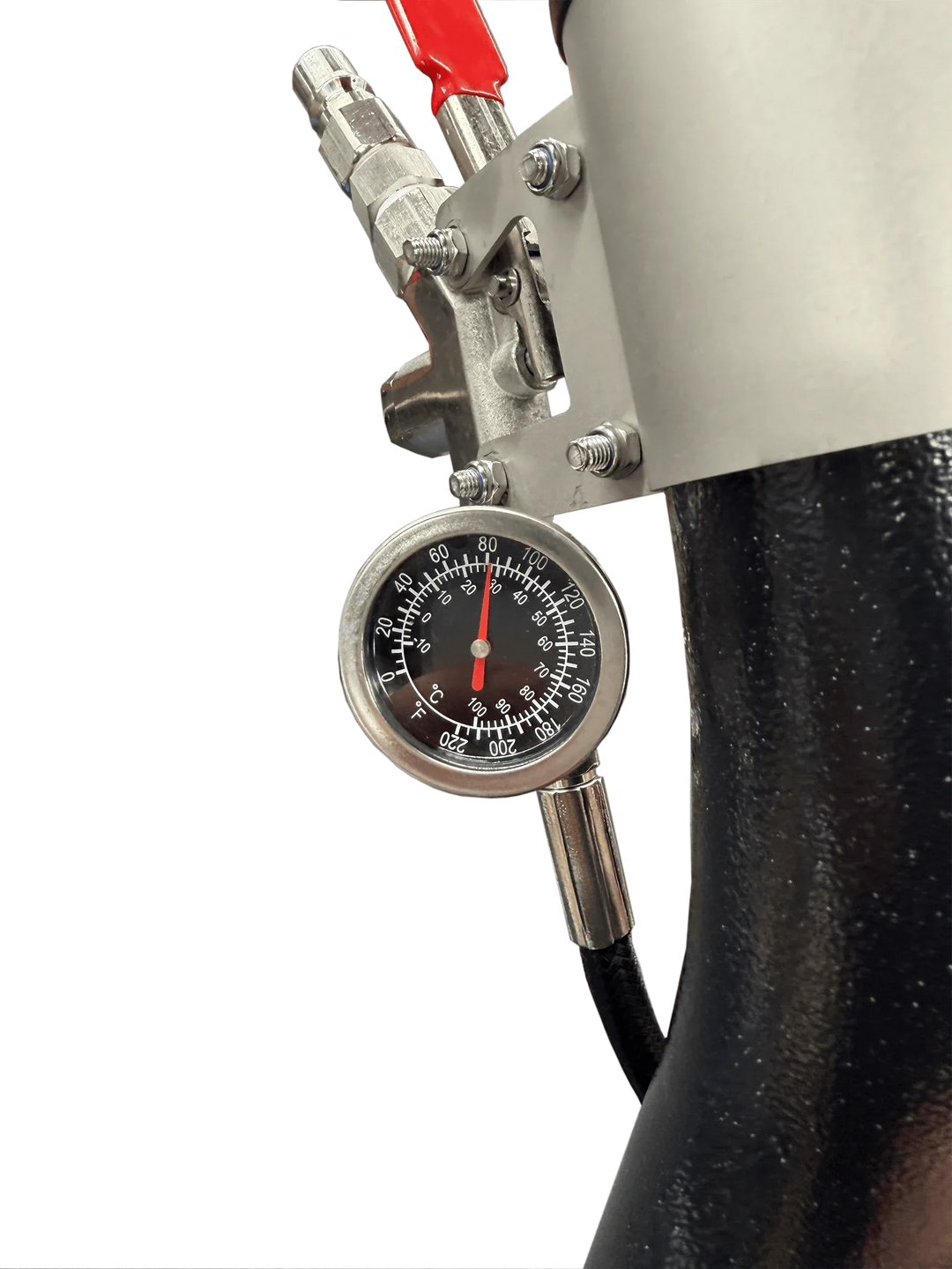 Black GenX6 swivel wand valve and pressure gauge close-up