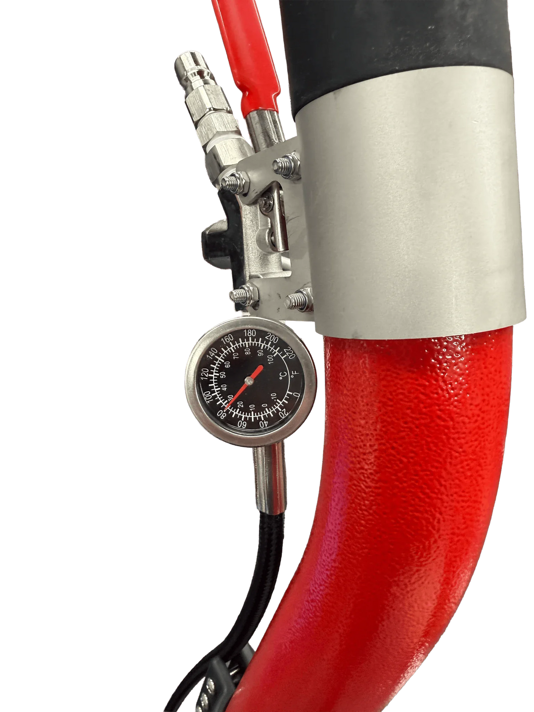 Red GenX6 swivel wand valve and pressure gauge close-up