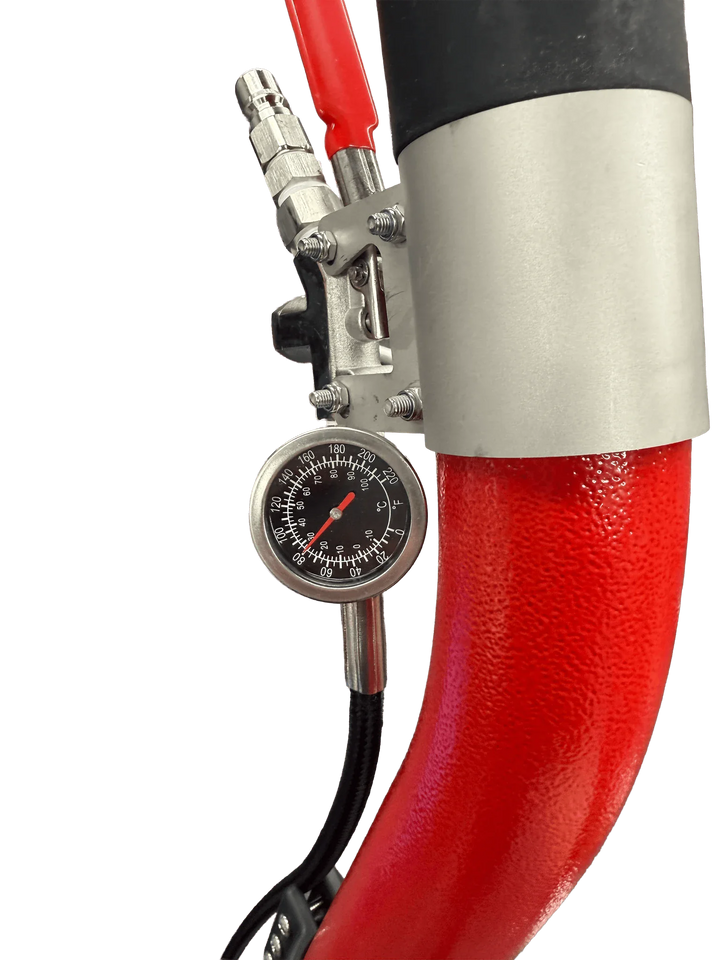 Red GenX6 swivel wand valve and pressure gauge close-up